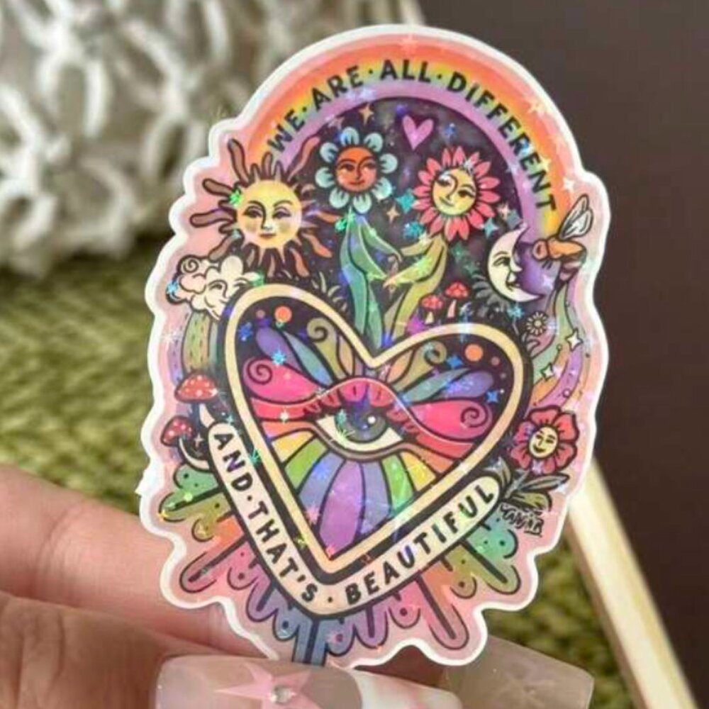 We Are All Different And That's Beautiful Sticker - Rainbow Psychedelic Heart